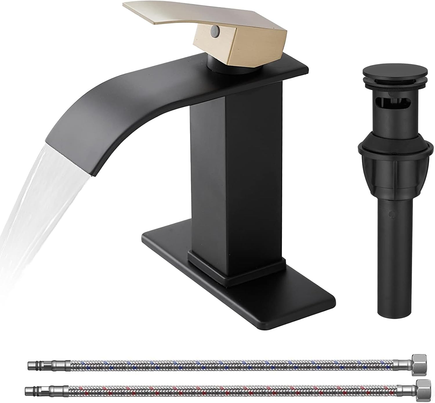 Homevacious Waterfall Bathroom Faucet Black and Gold Single Handle for 1 or 3 Hole Bathroom Sink Faucet Washbasin Faucets with Deck Pop-up Drain and 2 Supply Hoses for Lavatory Vanity - Black and Gold