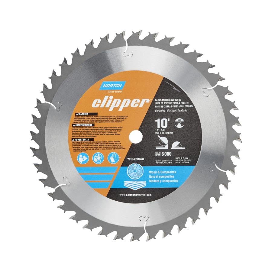 Norton Clipper Miter Saw Blade, 10 x 5/8 Inch 40 Tooth, Circular Table Saw Blade, for Hardwood, Softwood, Chipboard