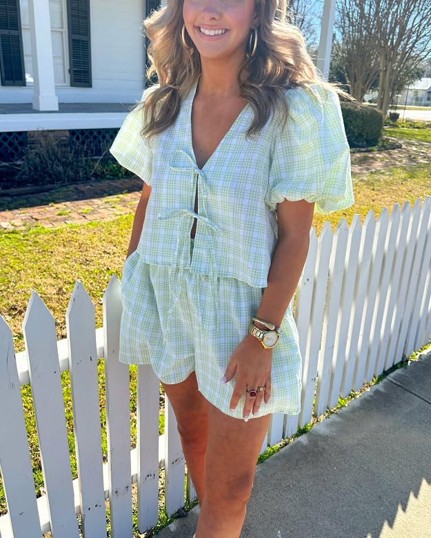 Image of Thopavenoir Women 2 Piece Casual Lounge Sets Y2k Puff Sleeve Peplum Shirt Tie Front Tee Shirt Shorts 2pcs Pajamas Sets