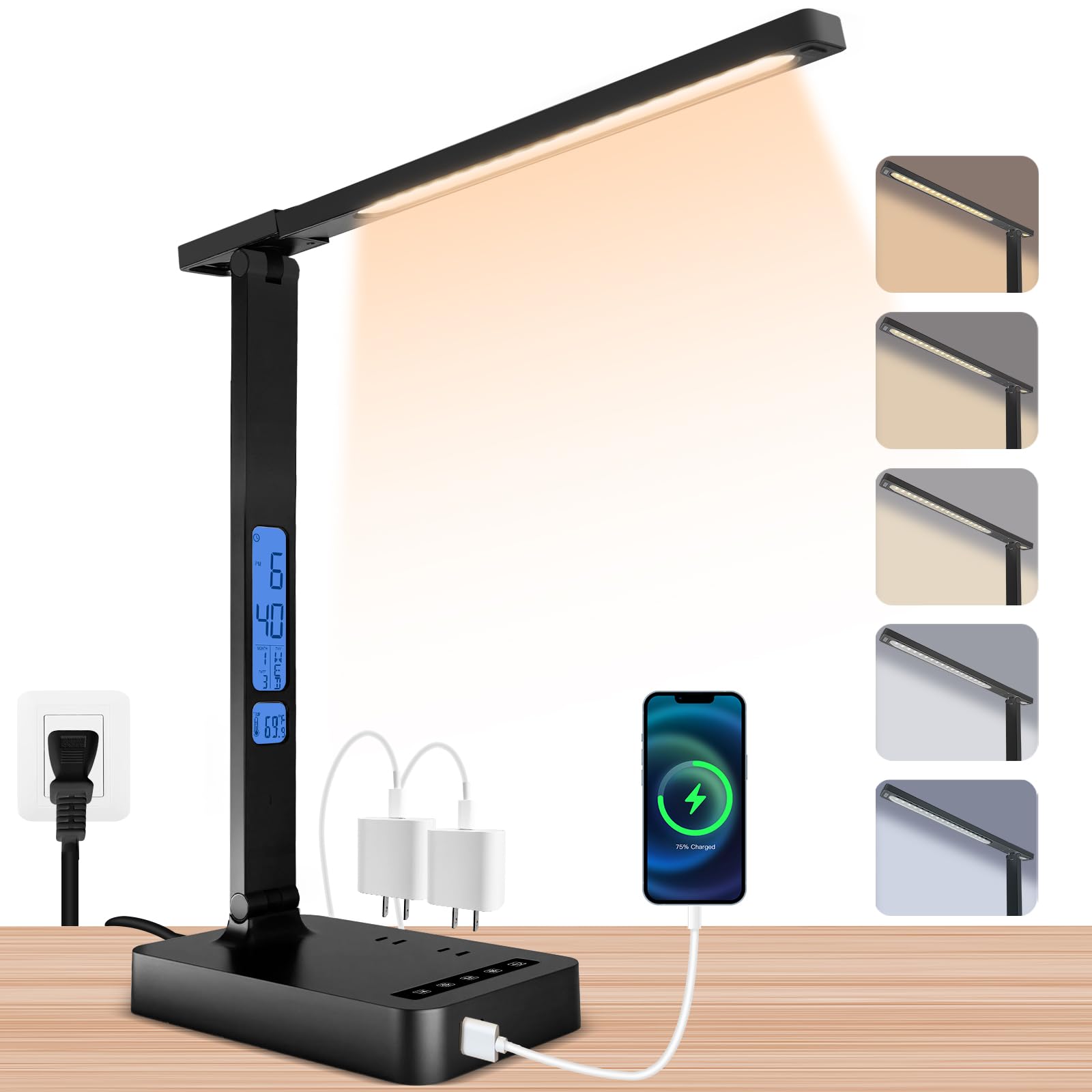 snsok Smart Desk Lamp with Dual USB Charging (Type-C/USB-A) &amp; 2 AC Outlets, Digital Clock, Temperature Display, 5 Color Modes, 5 Brightness, Adjustable - for Office, Bedroom, Dorm Room, Study