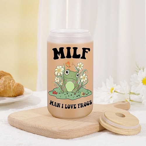 Miniatura 4 de Fairy's Gift Bonita taza de rana, taza de café helado, taza de vidrio esmerilado de 16 onzas con tapa y popote  Man I Love Frogs  Navidad temática