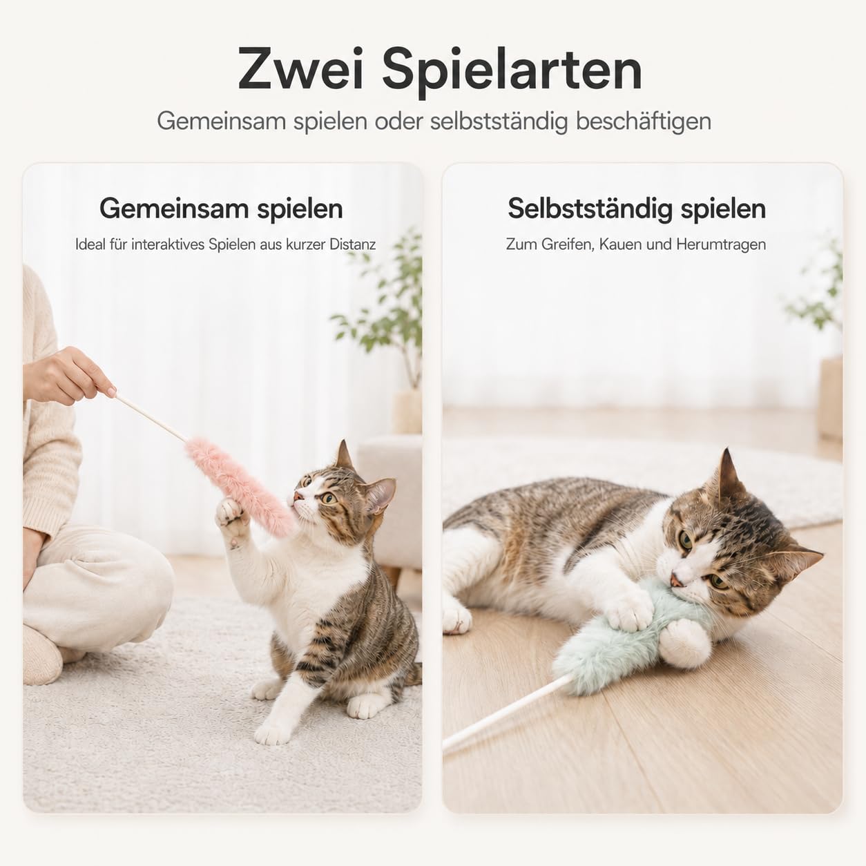Katzenspielzeug Set – 5X Katzenangel mit echtem Hasenfell – Handgefertigte Spielangel für Katzen – Weiches Federspielzeug für Jagdspaß – Interaktives Spielzeug für Hauskatzen