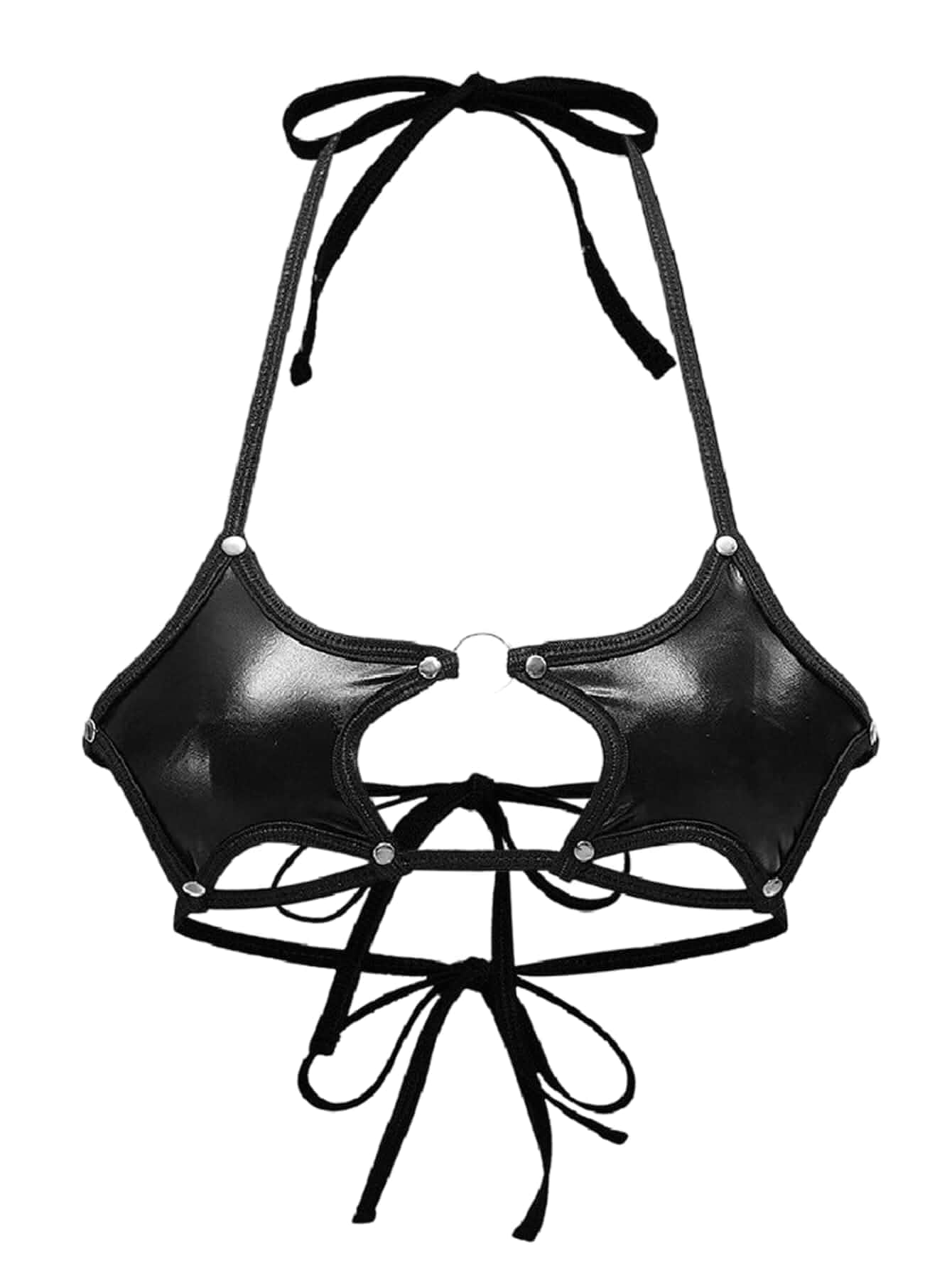SweatyRocks Women's Y2k Punk PU Leather Star Halter Top Strappy Bralette Tie Backless, Leather Criss Cross Crop Tops Bra, Sexy, Y2k Rave Bra, Festival Concert Outfits, Rave Outfit