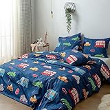 Kids Duvet Cover Twin Size, 3 Pieces Soft Lightweight Microfiber Duvet Cover Set, Blue Cars Boys Bed