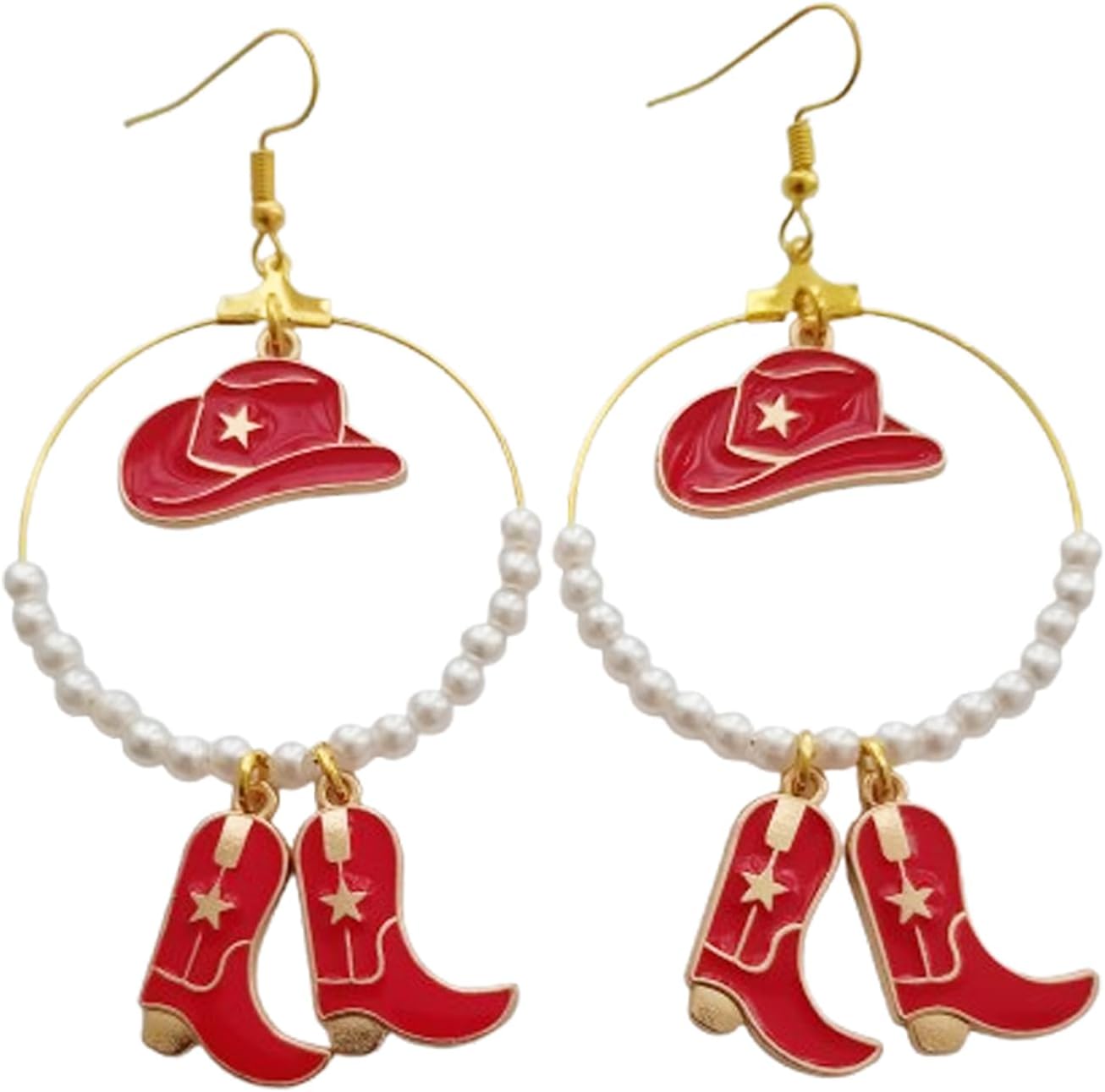 Western Cowboy Boot Earrings Big Hoop Earrings for Her, Beads Dangle Ear Decoration, Enamel Hat Bohemian Creative Cowgirl Jewelry