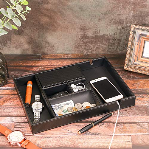 Bewishome Valet Tray For Men Dresser Organizer Nightstand Organizer Desktop Storage Organizer With Large Smartphone Charging Station, 6 Compartments, Carbon Fiber Faux Leather,Black Ssh16C #TOP1