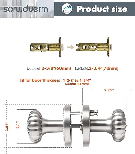 Miniatura 6 de SORWDUERM Perillas de puerta de níquel cepillado para privacidad interior, pomo de puerta plateado con cerradura, pomos de puerta de níquel satinado