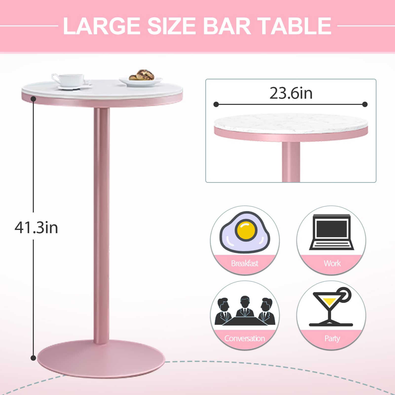 Stół barowy z marmurowym blatem, 105 cm, stolik koktajlowy na śniadanie, kolację, kawę, różowy, meble wewnętrzne/zewnętrzne, idealny do sklepu z deserami z herbatą mleczną i sali konferencyjnej