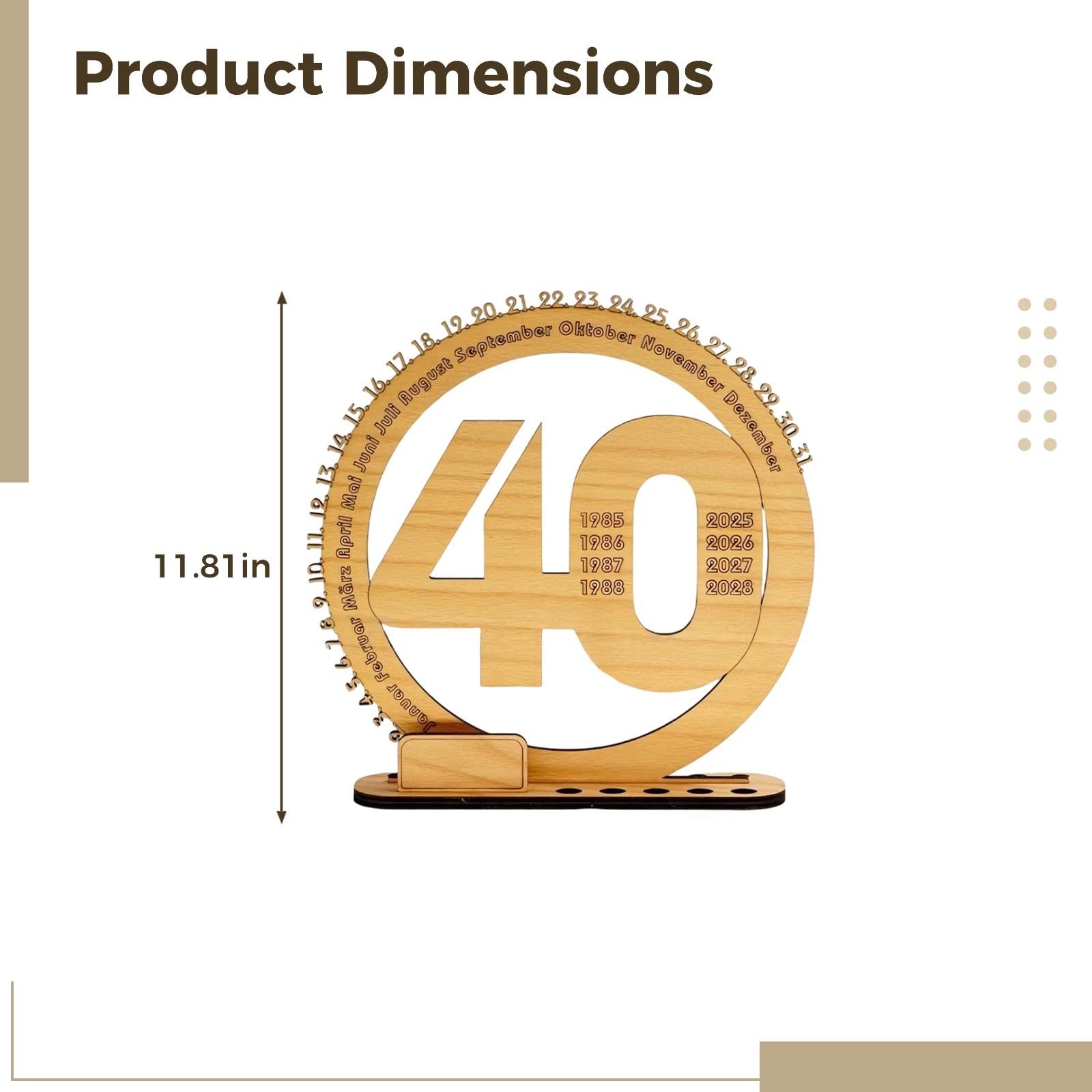 Calendrier perpétuel en bois pour bureau, cadeau pour 40e anniversaire, 11,8 in / 30 cm, contreplaqué de hêtre, plaque commémorative, fabriqué dans ce pays européen