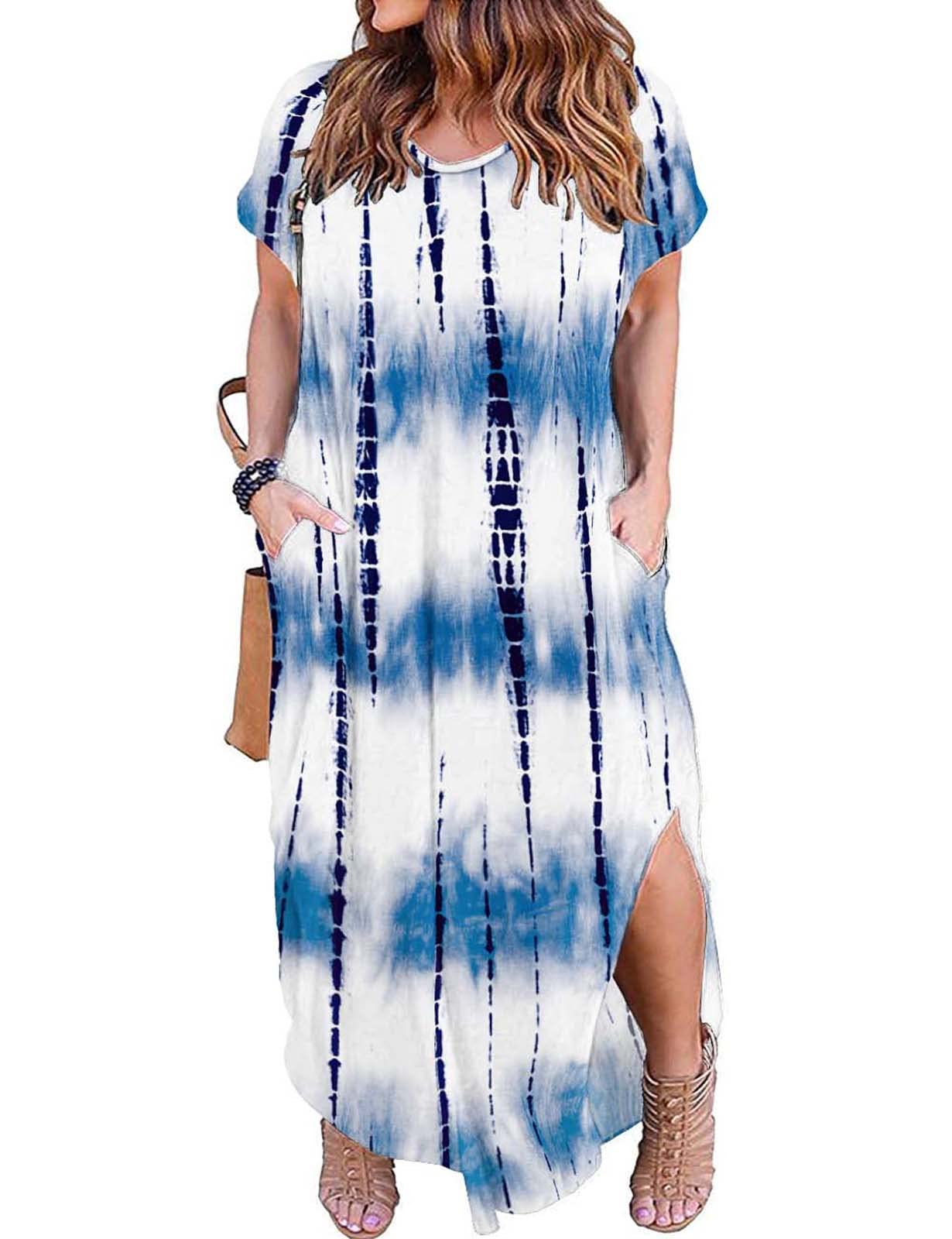 Kancystore Women's Plus Size Dresses Casual Loose Pocket Short Sleeve Slits Plus Size Long Maxi Dress XL-5X