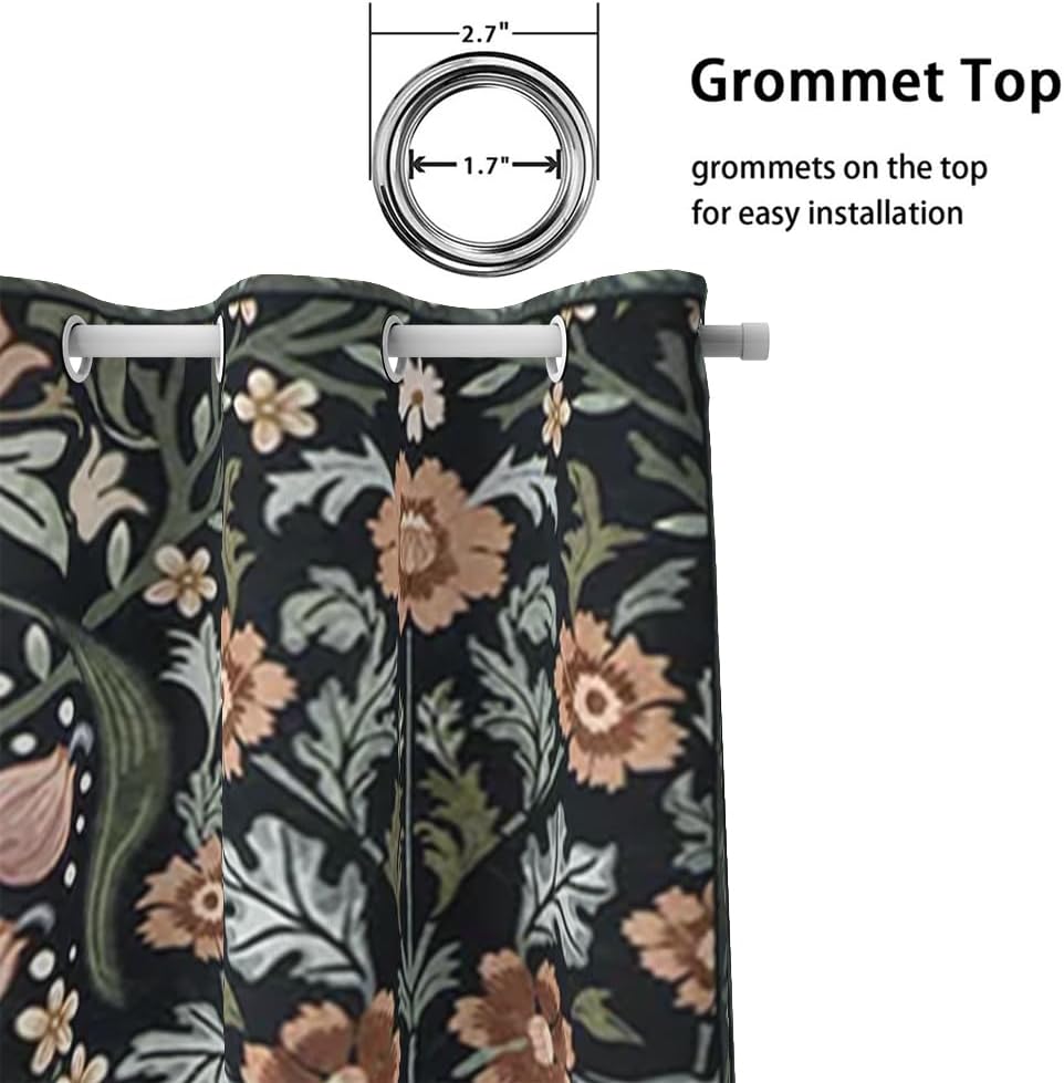 William Morris Curtains,Vintage Green Floral Wildflowers Print Window Drapes for Woman Girls Living Room Bedroom Decoration Thermal Insulated Curtains for Home Decor 2 Panels,42“WX63 H
