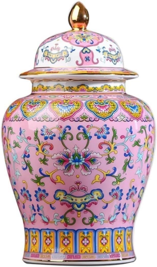MESCXTY Ceramic Ginger Jar with Lid, Gold Enamel Porcelain Temple Vase, Floral Decorative Tea Storage Jar(Pink)