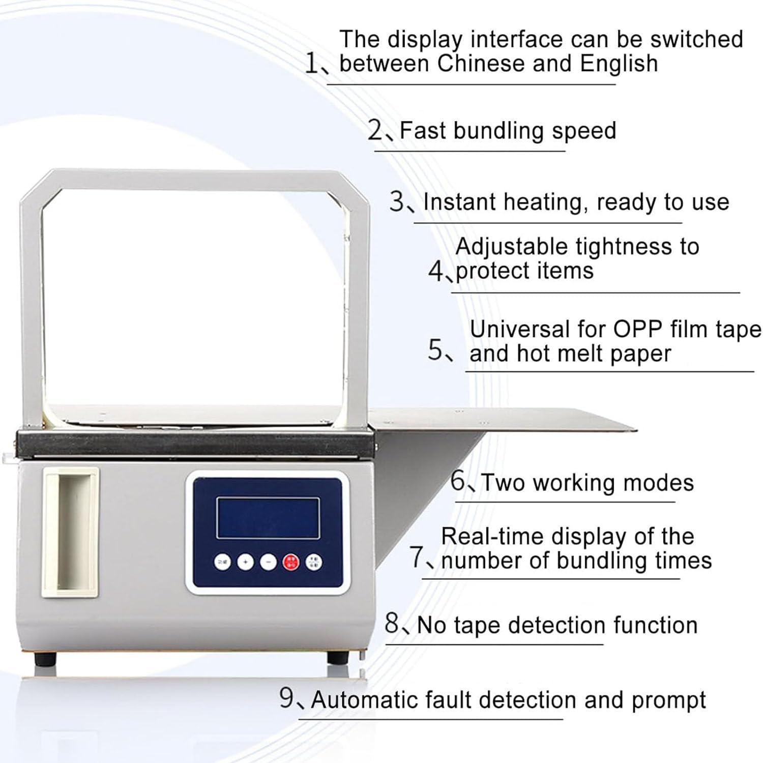 Máquina automática de flejado de cinta, máquina de bandas de cinta termofusible por inducción con cuenta de dos modos de trabajo, para verduras, frutas y manualidades