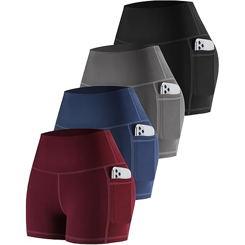 CHRLEISURE Womens Biker Shorts with Pockets: High Waisted Tummy Control Spandex Workout Yoga Athletic Gym Shorts 4 Packs