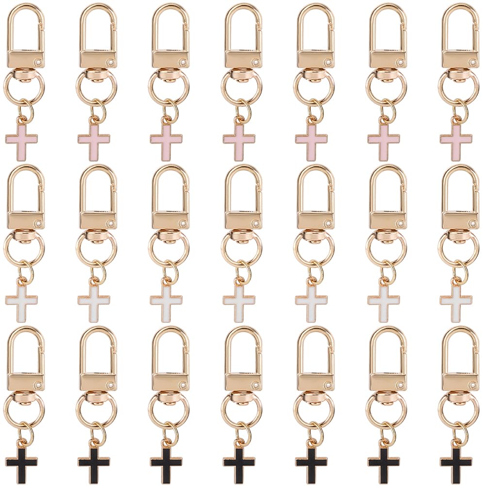 CRASPIRE 1 Box 21Pcs 3 Colors Metal Cross Keychain Crucifix Key Chain Bulk Metal Gold Alloy Enamel Black White Pink Charm Keyring Keychains with Swivel Clasps for Keys Purse Backpacks Accessories