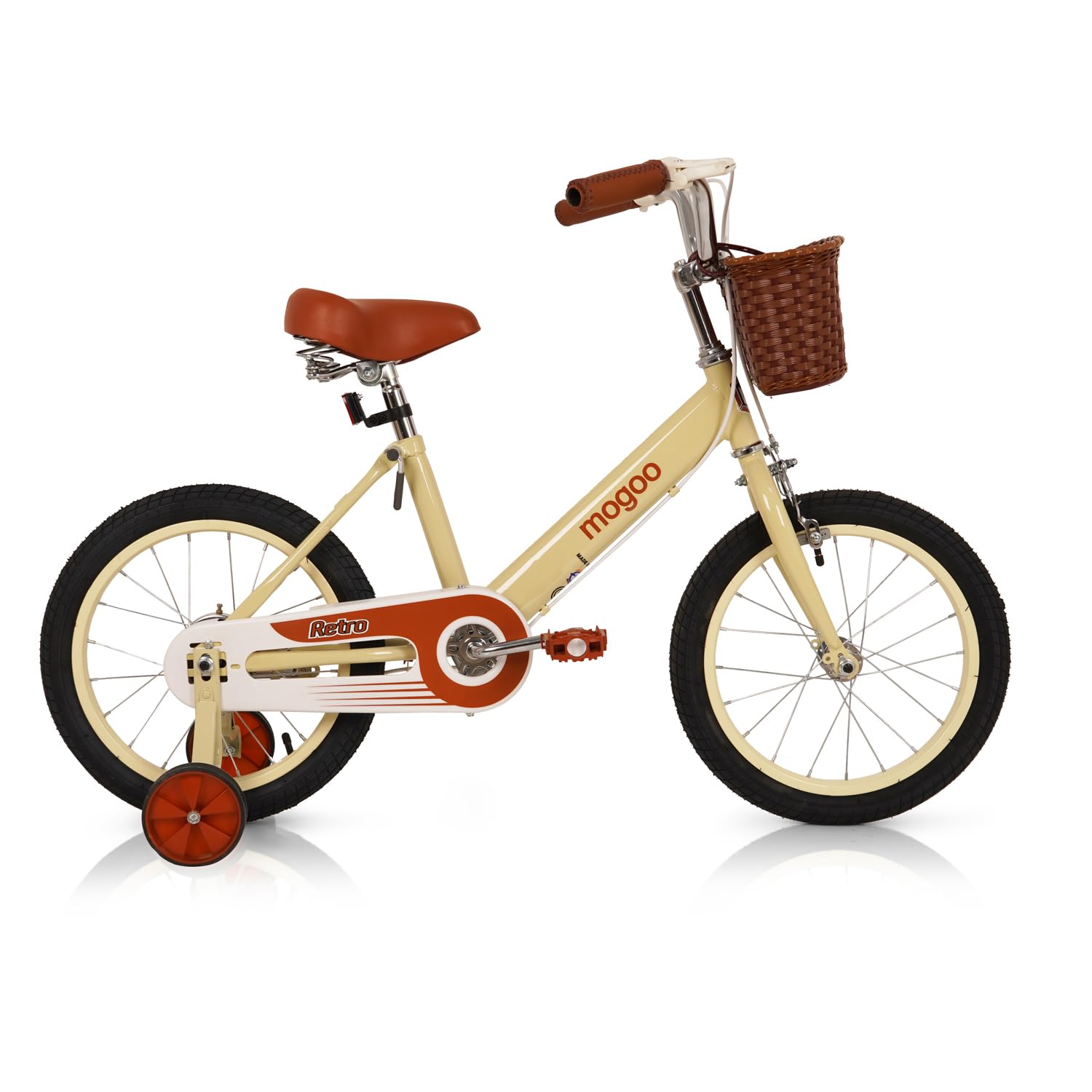 Retro Kids Road Bike For 5-8 Years Old Girls & Boys, Adjustable Seat, Handbrake, Chainguard, Classic Style, Basket, 12/16 Inch Bicycle w/Training Wheels