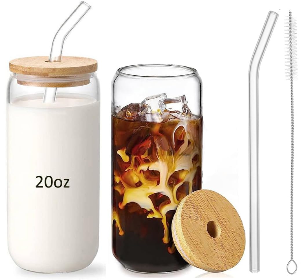 KKGUDCan-Shaped High Borosilicate Glasses with Wooden Lid and Reusable Glass Straws, 20oz Glass Cups, Set of 2