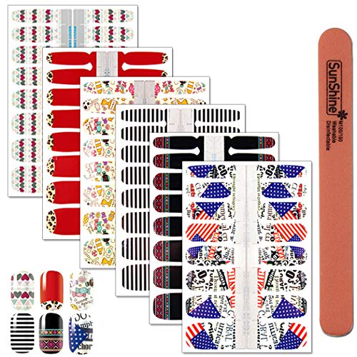 WOKOTO 6Pcs Self Adhesive Nail Art Polish Stickers Decals Set Lace Leopard Print Design Full Nails Wraps Strips for Nails with 1Pc Nail Buffers Files