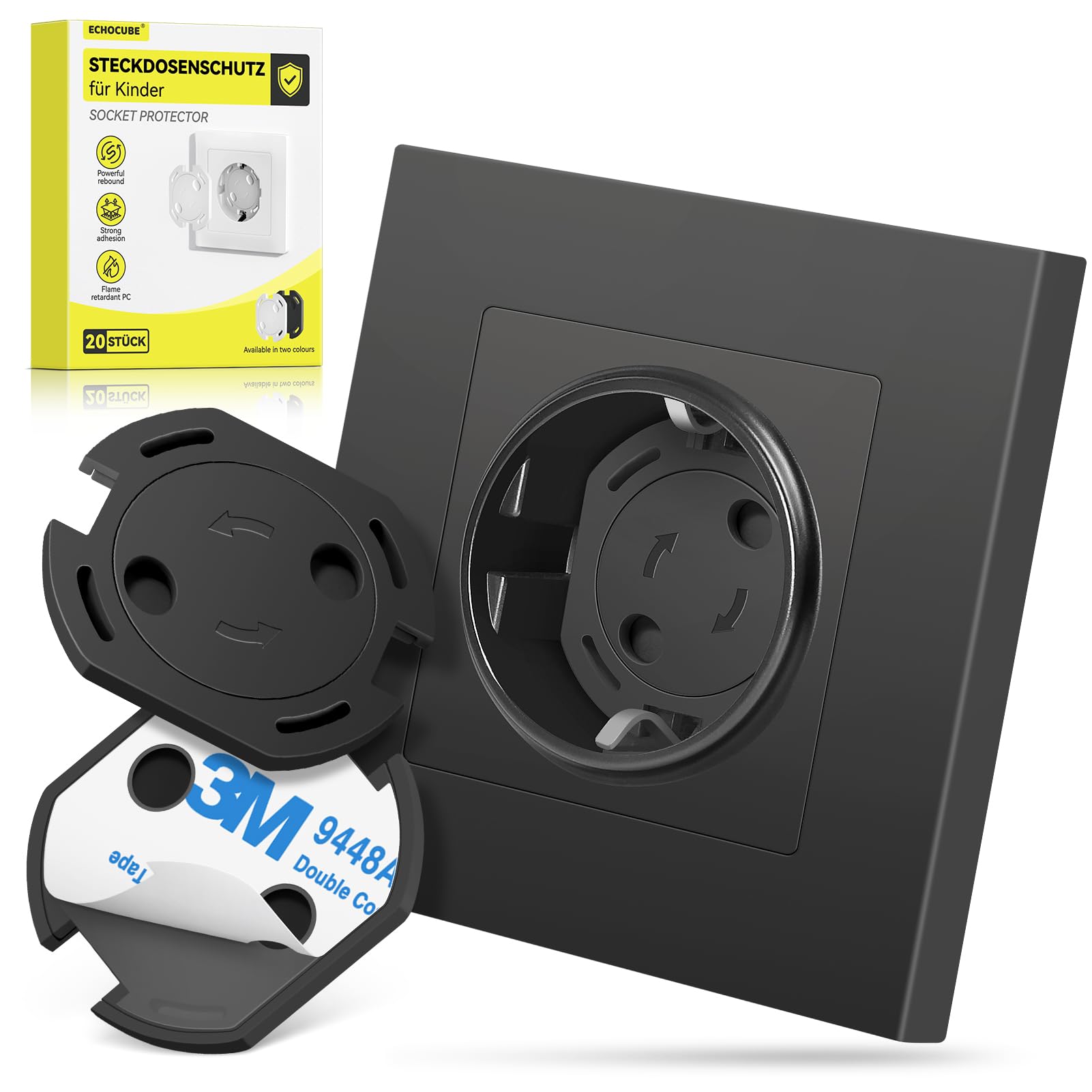 ECHOCUBE 20er-Pack Steckdosenabdeckungen, Baby-Sicherheits-Steckdosenschutz mit Drehmechanismus und Starken 3M-Klebebändern, Kindersicherer Steckdosenschutz Zuhause, Kindergarten, Küche (Schwarz)