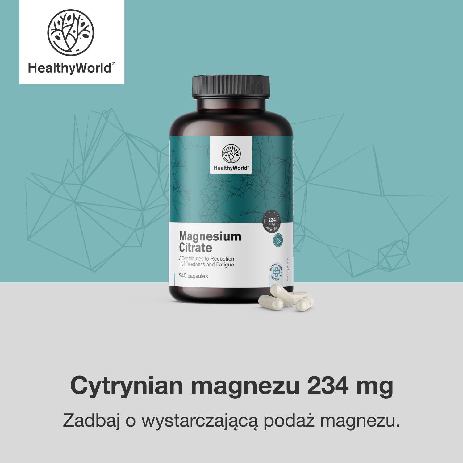 HealthyWorld Cytrynian magnezu 234 mg - 240 Kapsułek Roślinnych - Na ponad 7 Miesięcy - 480 mg Cytrynianu Magnezu i 270 mg Tlenku Magnezu - Na Wsparcie Mięśni i Wzrost Energii