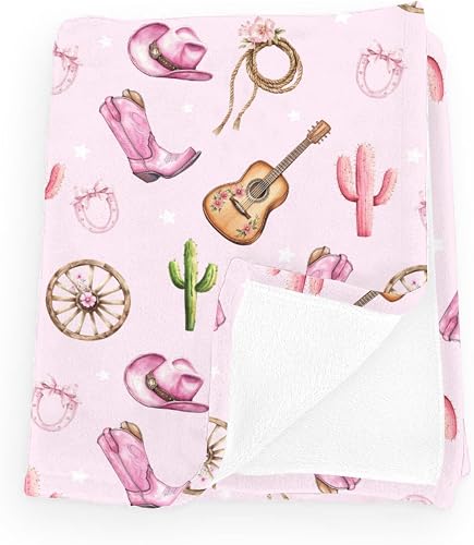 Cute Pink Western Cowgirl Hat Boot Cactus Baby Boy Girl Blankets Guitar Bows Wil