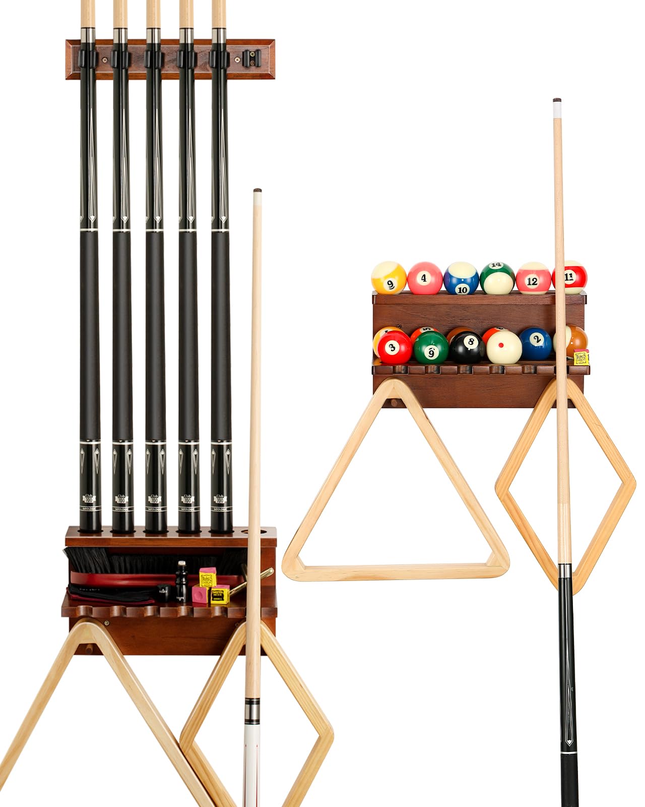 EXTCCTPool Cue Holder for 6 Cues and Billiard Balls Rack Bundle