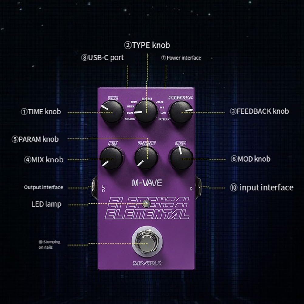 Digital Delay Pedal, Stereo Digital Delay Guitar Effects Pedal with 9 Delay Effects, Digital Signal Processor, TAP HOLD Mode