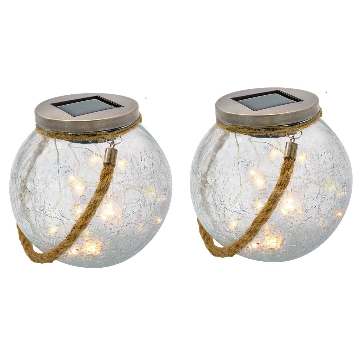 Lumisky Lot de 2 boules solaires en verre craquelé à poser poignée corde micro LED blanc chaud CRACK BALL CORD H13cm