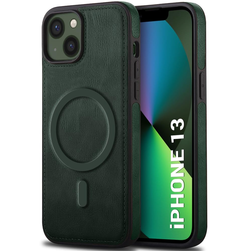 TheGiftKart Genuine Leather Finish Back Cover Case for iPhone 13 | Shockproof Design | Raised Edges for Camera & Screen Protection | Stunning Minimalist Design Case Cover (MagSafe Compatible, Green)-image-29
