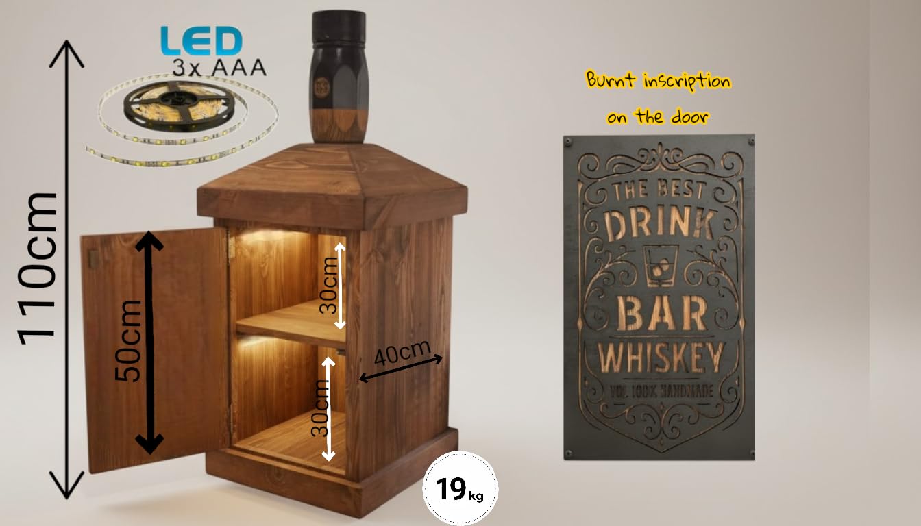 weeco Barschrank aus massivem Kiefernholz, Whiskyflaschen-Design, Braun, Rustikal, mit LED-Beleuchtung, Hausbar, 110 × 50 × 50 cm