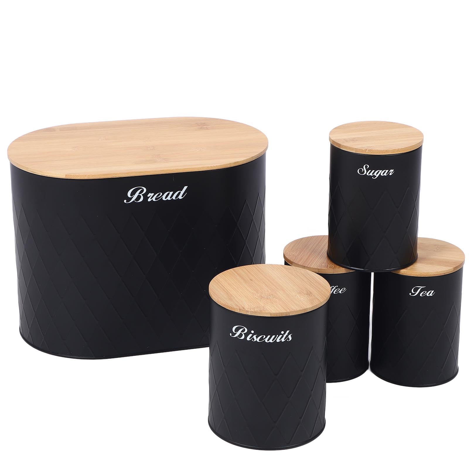 Czarny żelazny Pojemnik na Chleb i Zestaw Kanistrów do Przechowywania na Blacie Kuchennym, Pojemniki herbatę, herbatę i Cukier z Herbatnikami z Drewnianymi Pokrywkami