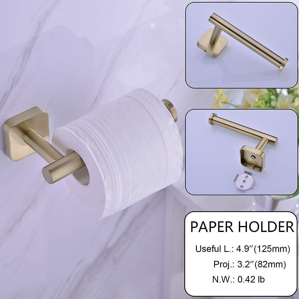 Brushed Gold Bathroom Faucet and 4 Piece Hardware Accessories Set Bundle, 2 Handle 8 Inch Widespread Brass Mixer Tap with Drain Assembly and Stainless Steel Towel Bar Set
