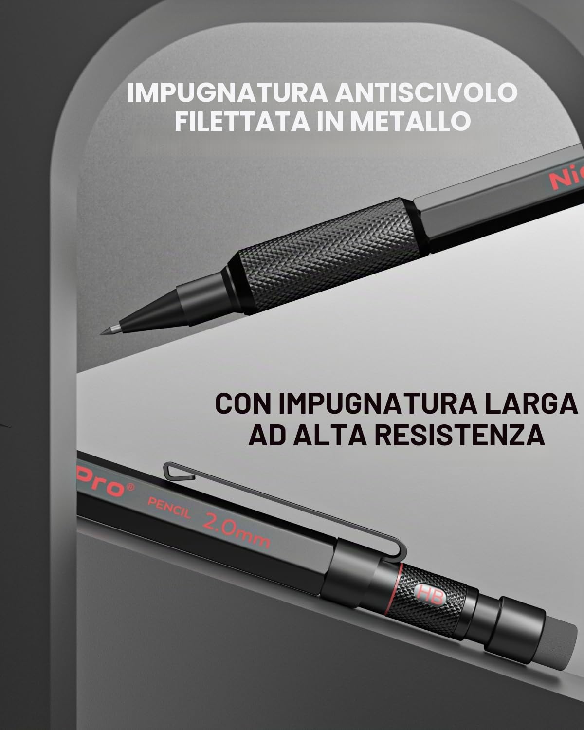 Nicpro Portamine 2 mm MP2000 con Custodia, 12 Ricariche Nera e Colorata, Gomme - Portamine in Metallo Resistente Alle Intemperie