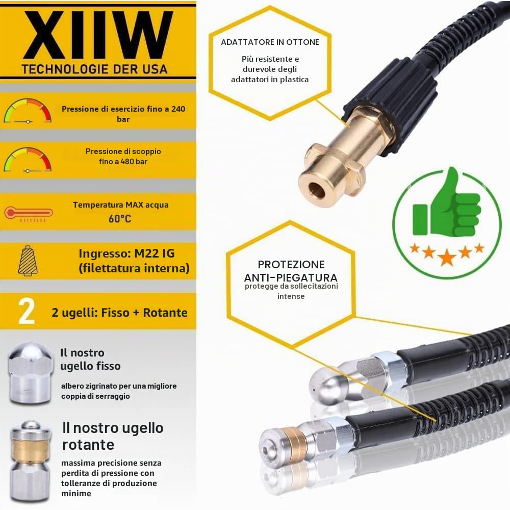 XIIW Sonda Sturatubi Tubi Idropulitrice 10m Compatibile con Kärcher K2–K7 | Tubo 240bar, con M22 Adattatore, Dotato di Ugelli Rotanti e Fiss, Kit per la Pulizia e Disostruzione dei Tubi di Scarico