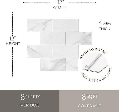 Miniatura 2 de Avant Decor  8 azulejos  Metro blanco grande compuesto de piedra  Azulejos de cocina para despegar y pegar  Azulejos de pared para pegar  Fácil de