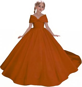 Off Shoulder Flower Girl Dresses for Wedding Satin Princess Pageant Dress First Communion Ball Gown with Bow