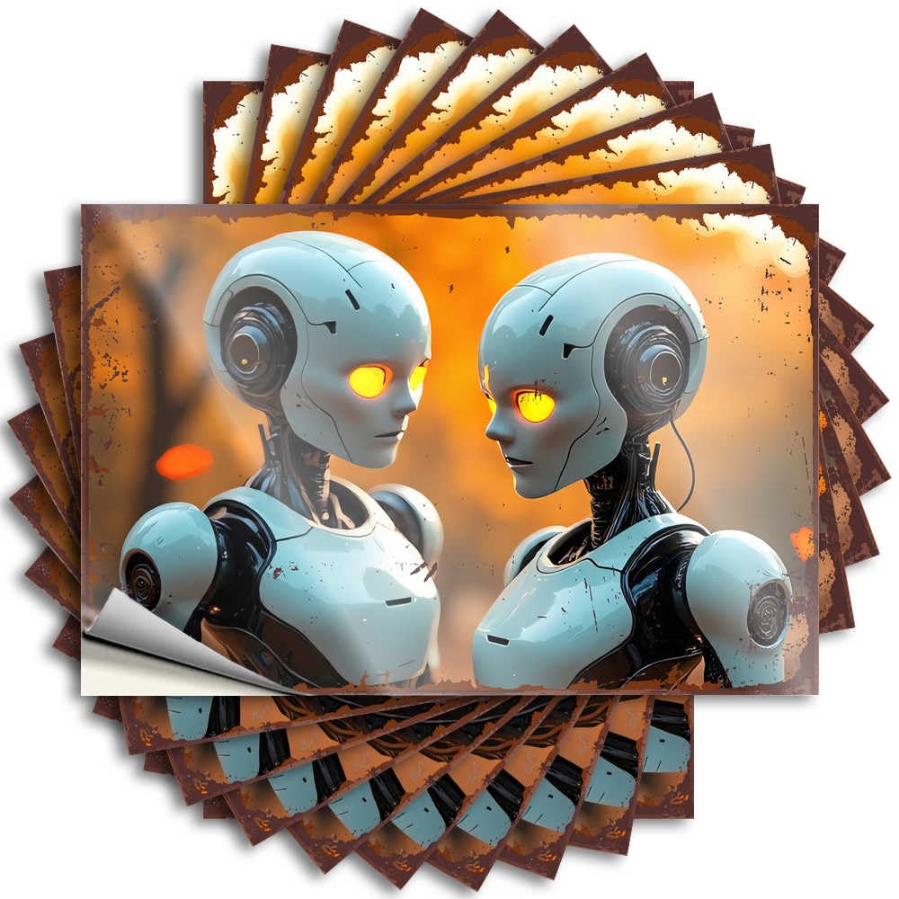 Fzfn Colour Man Cave Accessories Aesthetic Bumper - Two Robots In Love: A Futuristic Romance Against A Fiery Backgrou Removable Decal Laptop Easy Peel For Birthday(8X12cm)