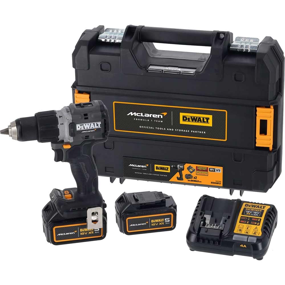 DeWalt DCD85MP2T McLaren F1 18V XR Taladro de martillo combinado inalámbrico sin escobillas con 2 baterías de 5 AH, cargador y funda