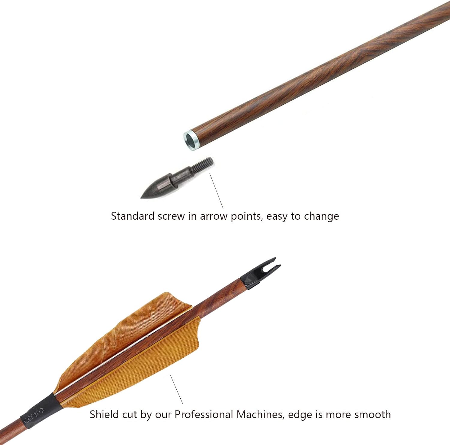 Obert 6pcs Archery Carbon Arrows 28 Inch Spine 400/500 with 4" Real Turkey Feathers & Removable Tips Wood Grain for Hunting Recurve Bow Compound Bow