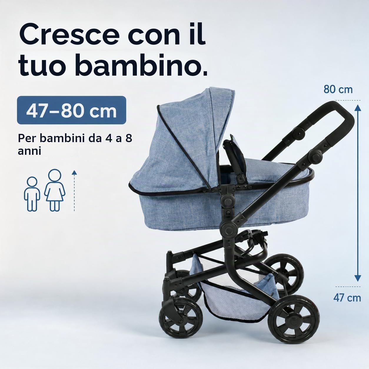 Bayer Chic 2000 - Passeggino per bambole Mika, passeggino combinato 2 in 1 per bambini dai 4 agli 8 anni, jeans blu, ragazzi