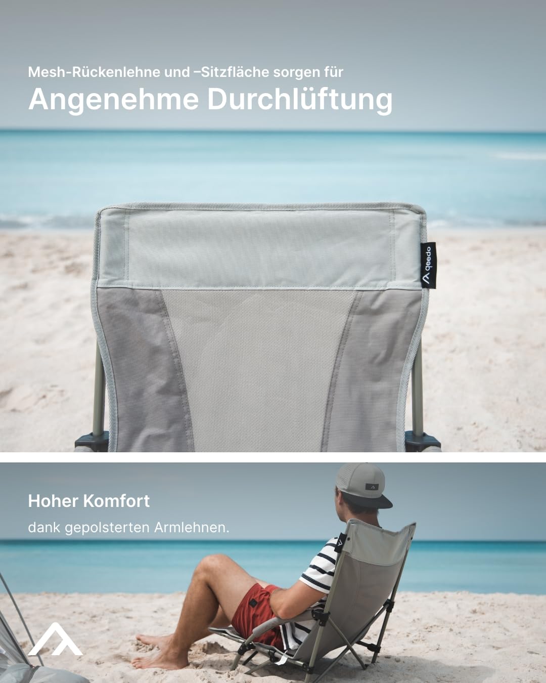 qeedo Johnny Beach Faltbarer Strandstuhl inkl. Netzbelüftung, kleines Packmaß, tragbar mit Packtasche, Sonnenstuhl klappbar, Strandhocker, Campingstuhl mit Breiten Standfüßen & niedriger Sitzhöhe