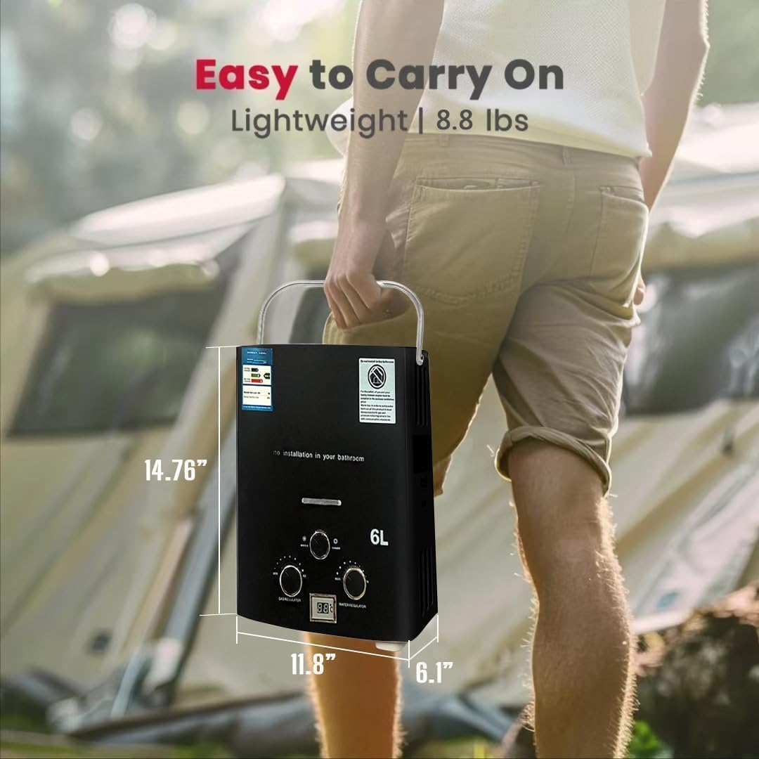 6L Chauffe Eau Gaz, 12KW Chauffe eau Instantané, Chauffe eau Camping Car, Chauffe Eau Portable pour Propane(28-30mbar)/Butane(37-50mbar), pour Camping, RV Voyage, Hiver et Été (Noir)