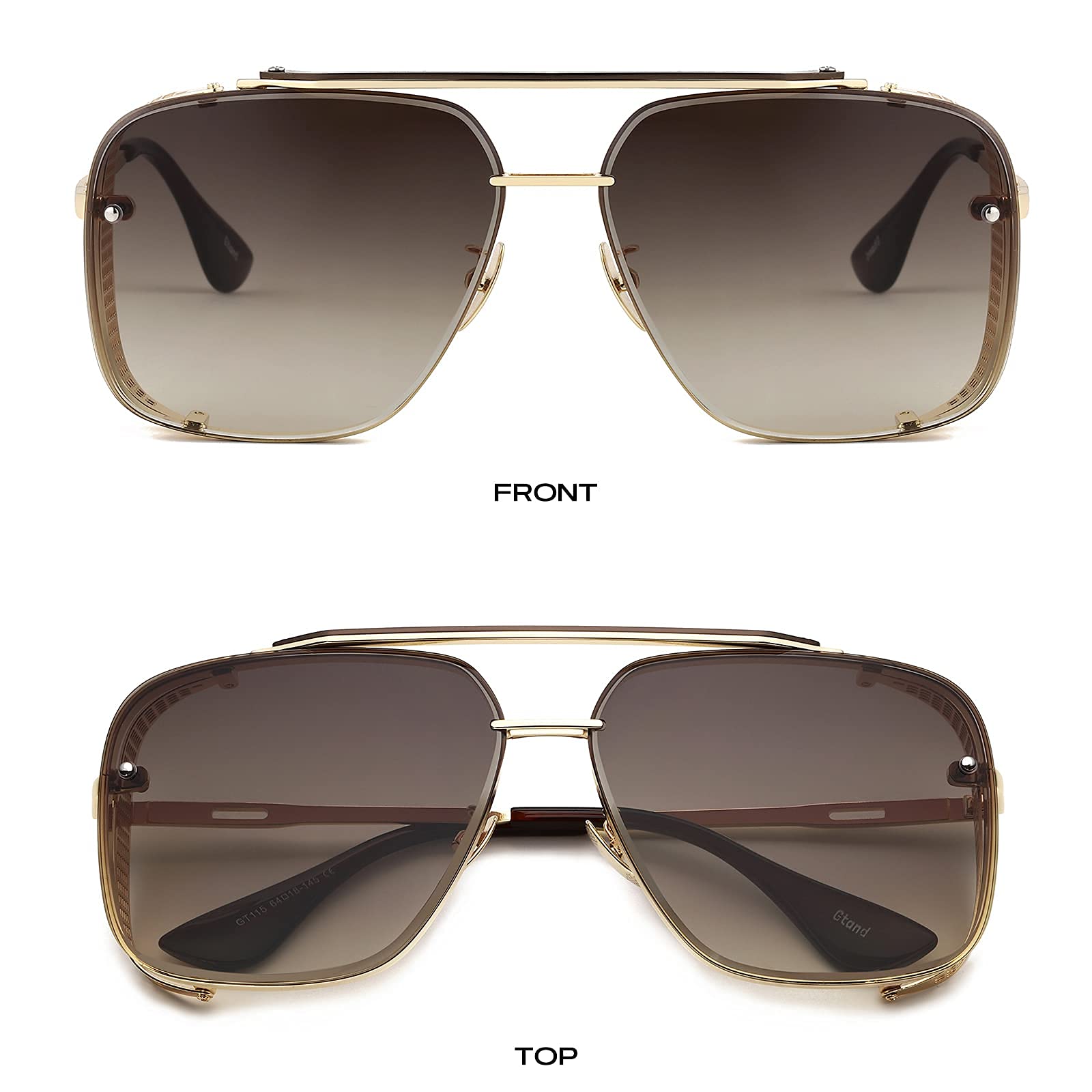 Gtand Modische übergroße quadratische Piloten-Sonnenbrille für Herren, Vintage-Stil, Metall-Seitenschutz, Steampunk-Sonnenbrille, 64 mm