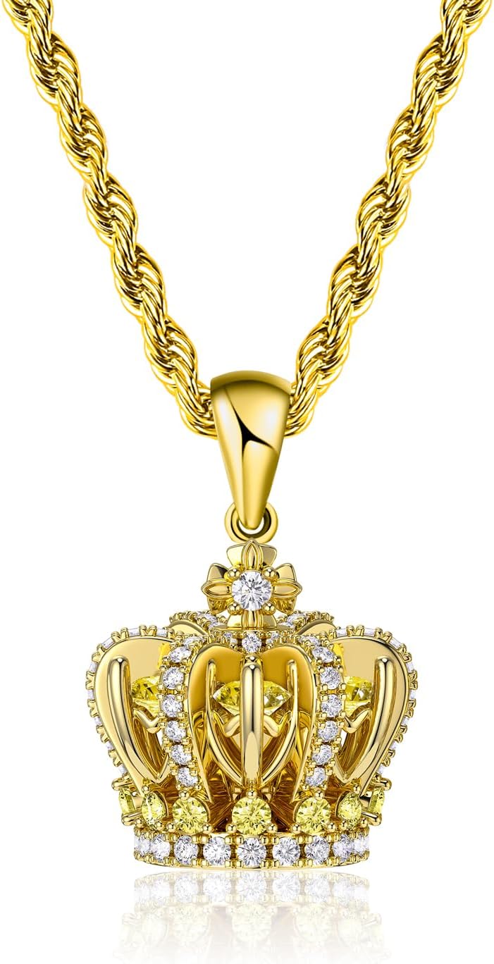 HELLOICE Iced Out King Crown Pendant for Women Men 5A Cubic Zirconia Crown Dainty Simple Necklace with 3mm 24inches Rope Chain Luck Jewelry for Birthday Gift