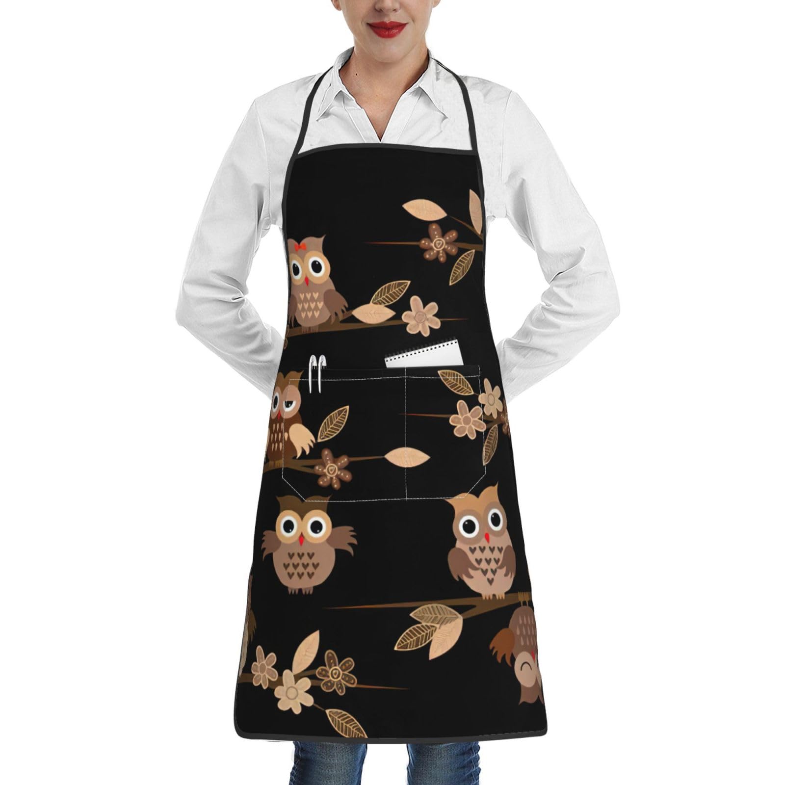 Jejea Unisex White Cute Brown Cartoon Owls Print Kitchen Bib Apron Water And Oil Resistant, Cooking Kitchen Chef Apron For Women Men