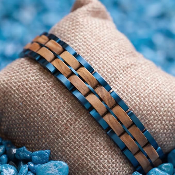 Holzwerk OBERSEE Natur Holz Armband für Damen und Herren Holzarmband Herrenarmband Damenarmband Braun Blau Einstellbar inkl. Armbandkürzer und Aufbewahrungsbox