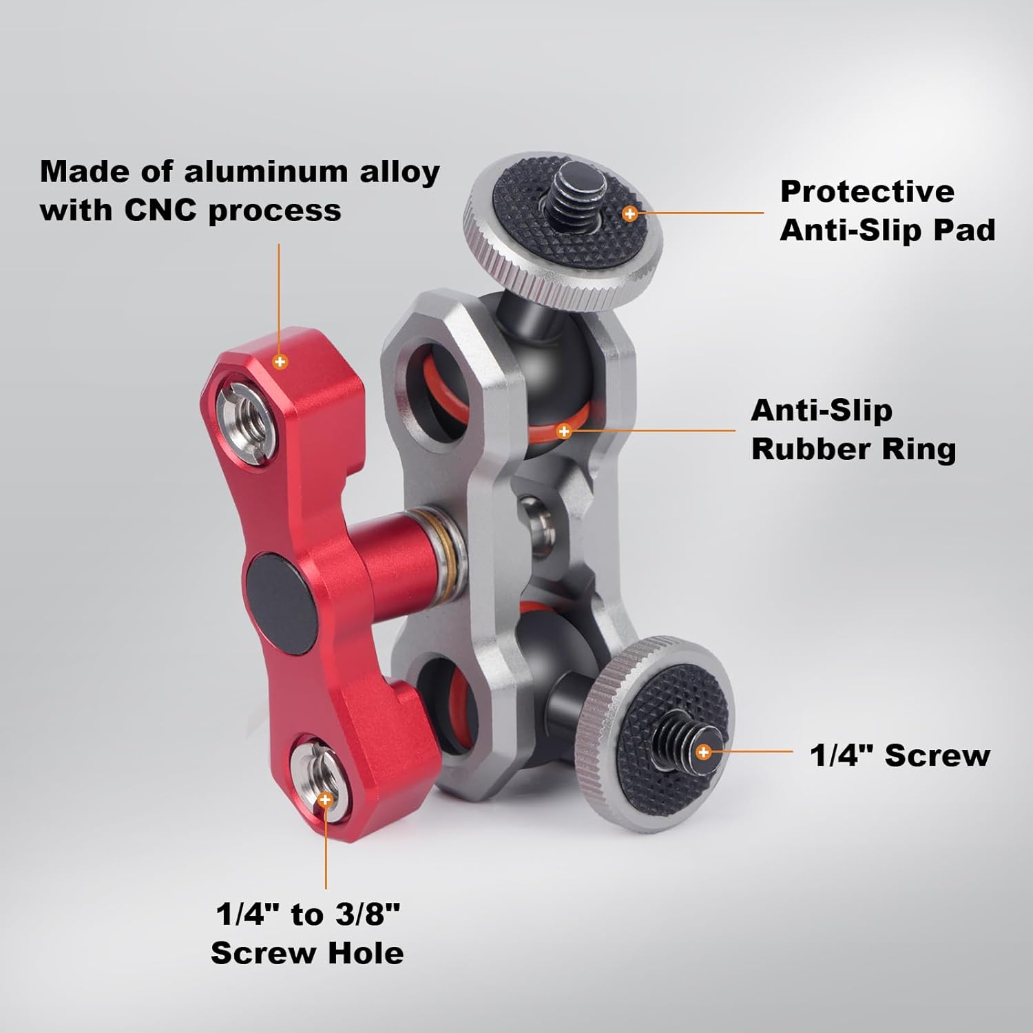 Dual Ball Head Camera Mount with 360 Degree Adjustment - Aluminum Alloy Clamp for Insta360/GoPr0/Camera Cage/LED Light/Microphone - 1/4" & 3/8" Screw Holes with Anti-Slip Design 61013