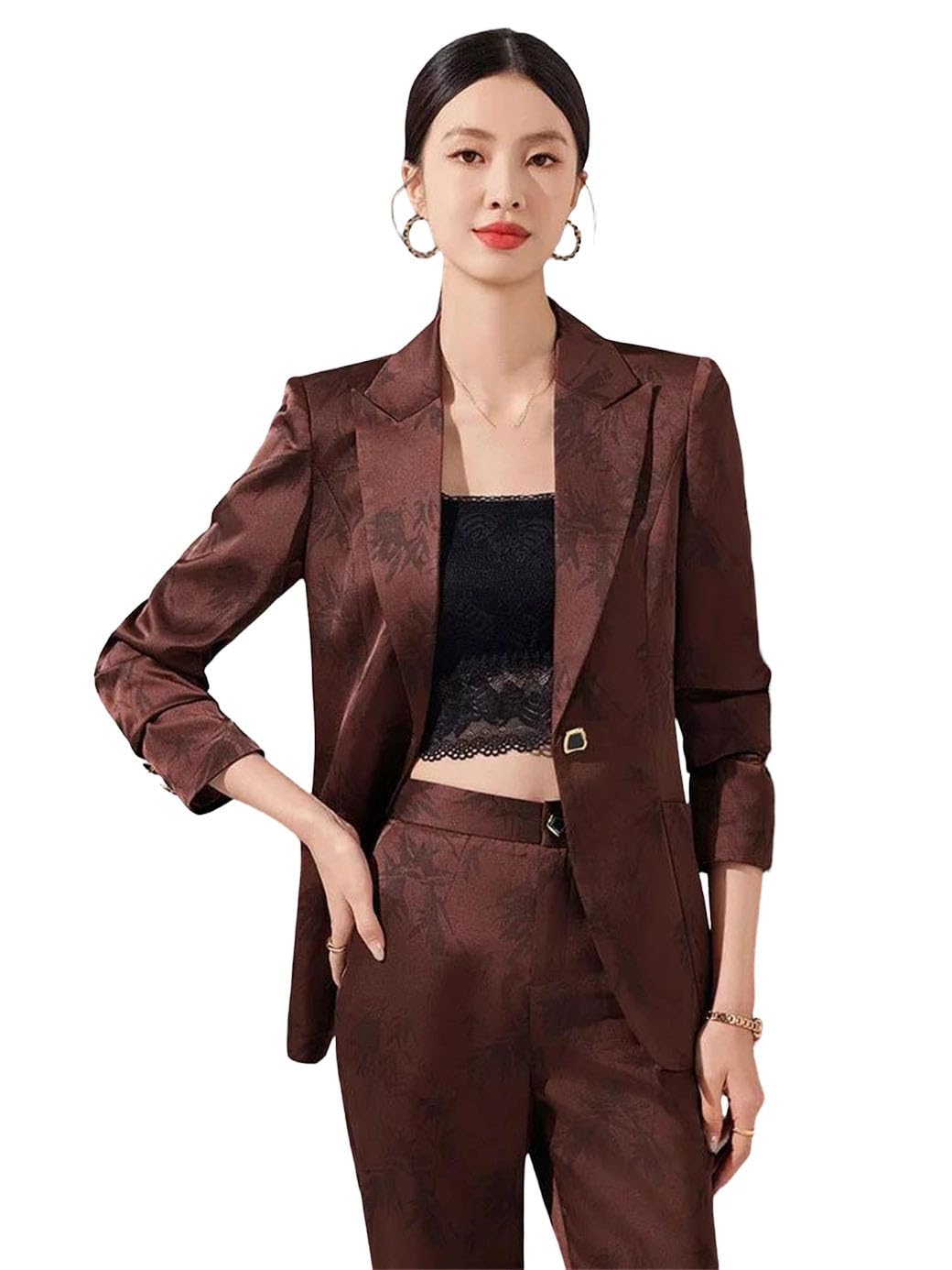 Womens Leaf Print Blazer and Trouser Two Piece Suit Formal Office Business Wear Spring Autumn Professional Set