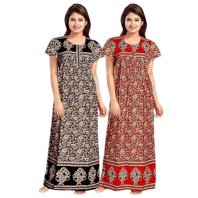 Image of CHICME Women's Cotton Printed Maxi Nighty - Pack of 2 Soft Breathable Ankle-Length Night Dresses for Women | Free Size Sleepwear Gowns | Comfort Loungewear Sleepwear