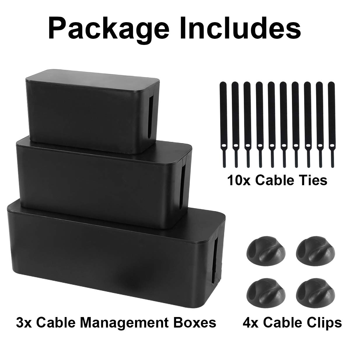Cable Management Box Set 3 Size Cable Organizer Box to Hide Wires Power Strips Electrical Cord from TVs Computers - Electrically Safe ABS Material Cord Organizer Box Cable Box Organizer Cord Box Black